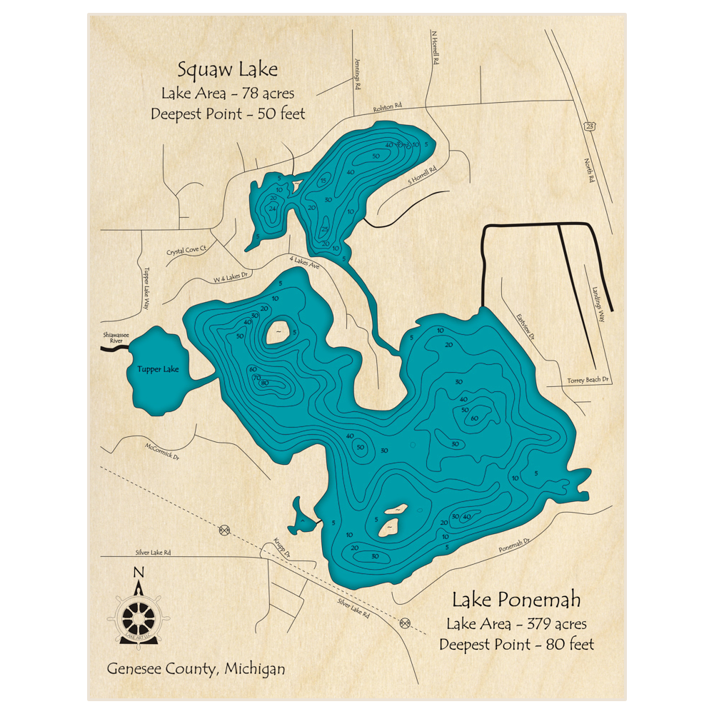 Bathymetric topo map of Squaw Lake Lake Ponemah and Tupper Lake with roads, towns and depths noted in blue water
