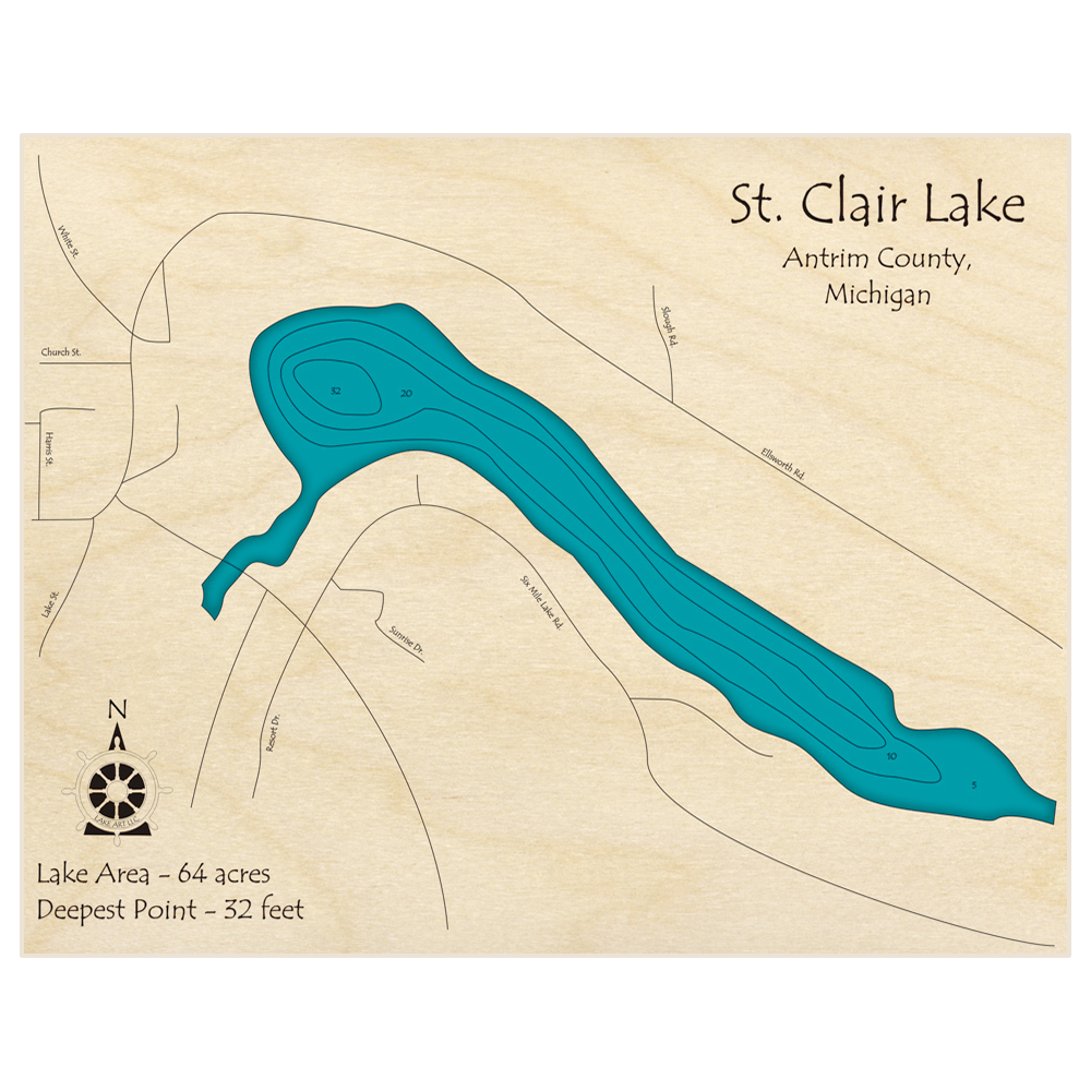 Bathymetric topo map of St Clair Lake with roads, towns and depths noted in blue water