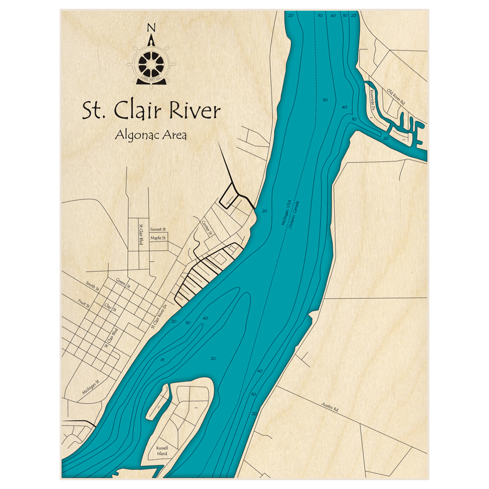 Bathymetric topo map of St Clair River (Algonac Region) with roads, towns and depths noted in blue water
