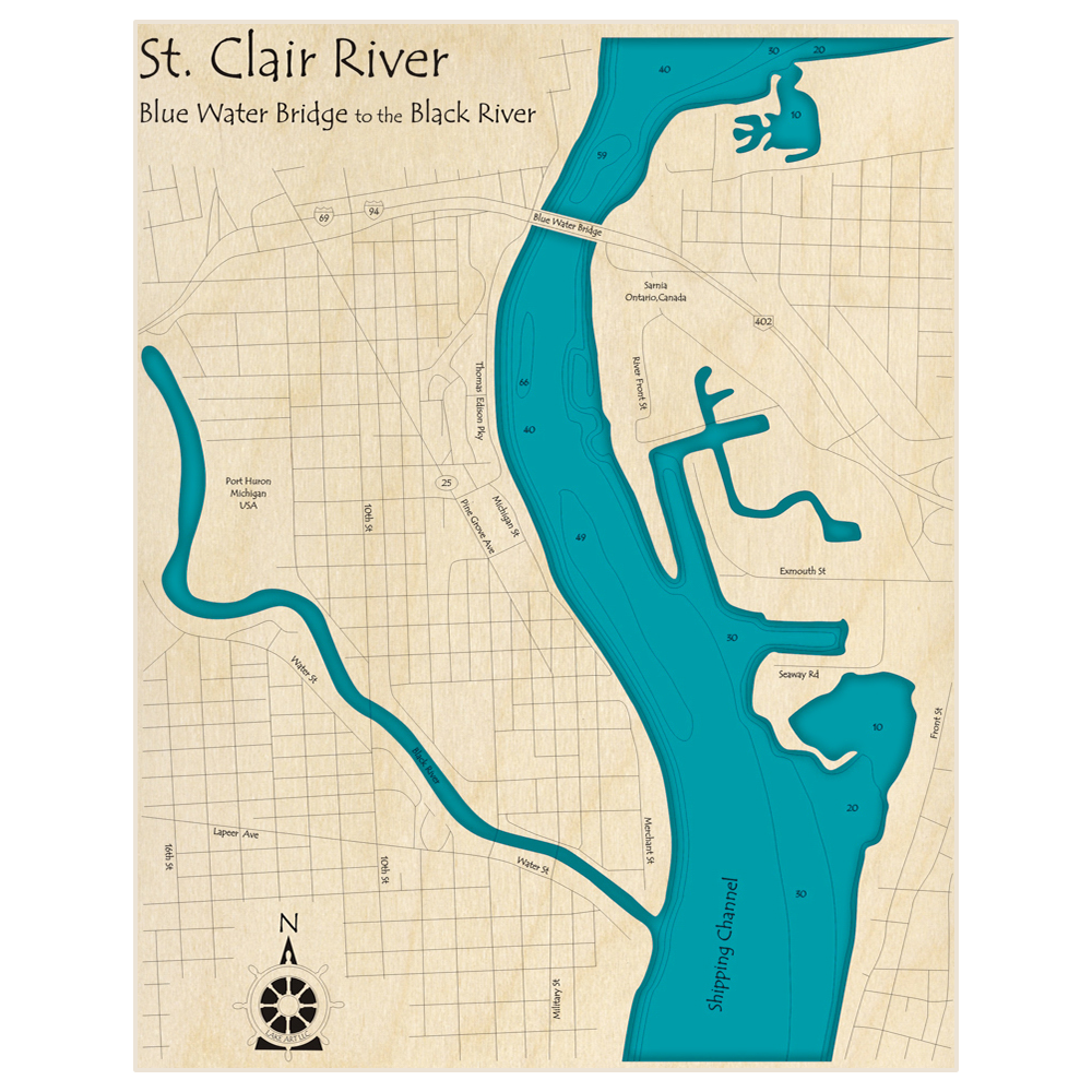 Bathymetric topo map of St Clair River (Blue Water Bridge to Black River) with roads, towns and depths noted in blue water