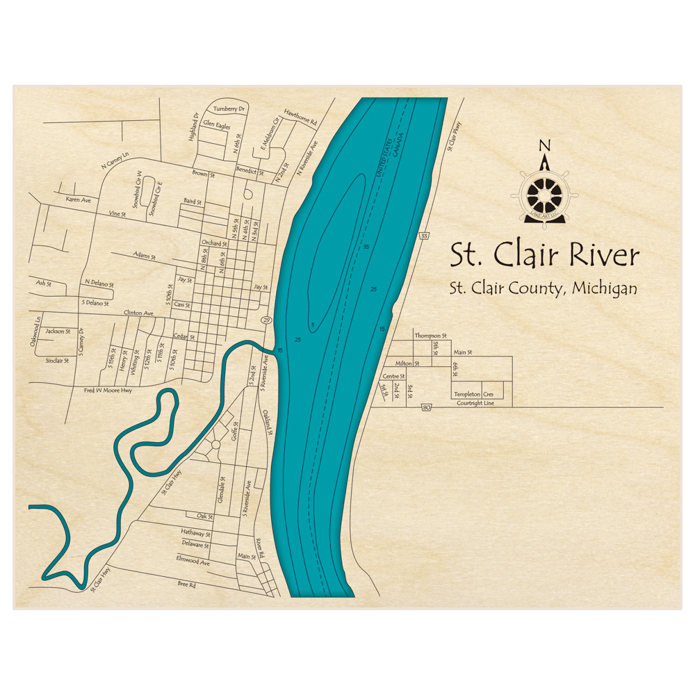 Bathymetric topo map of St Clair River (St Clair Region) with roads, towns and depths noted in blue water