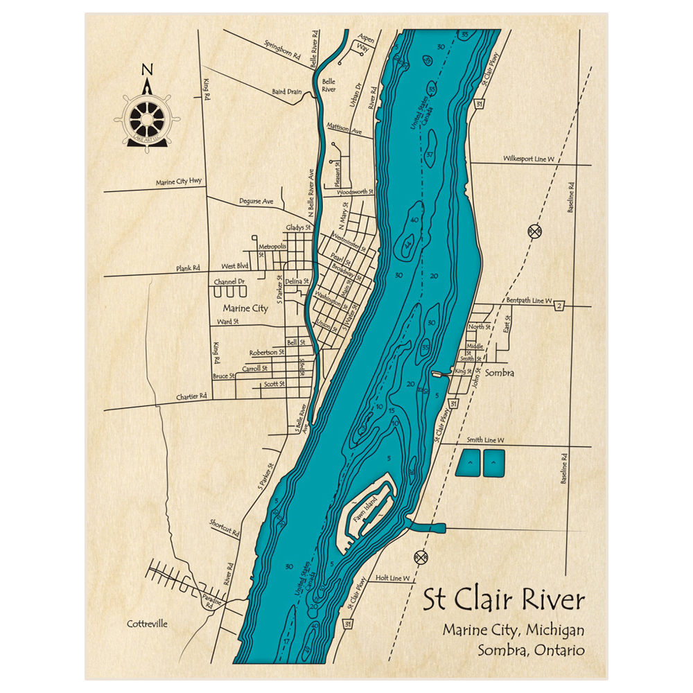 Bathymetric topo map of St Clair River (At Marine City and Sombra) with roads, towns and depths noted in blue water
