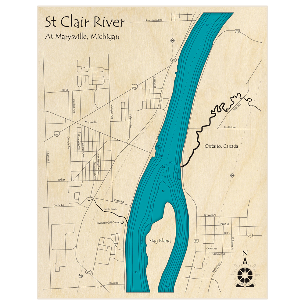 Bathymetric topo map of St Clair River (Marysville Region) with roads, towns and depths noted in blue water