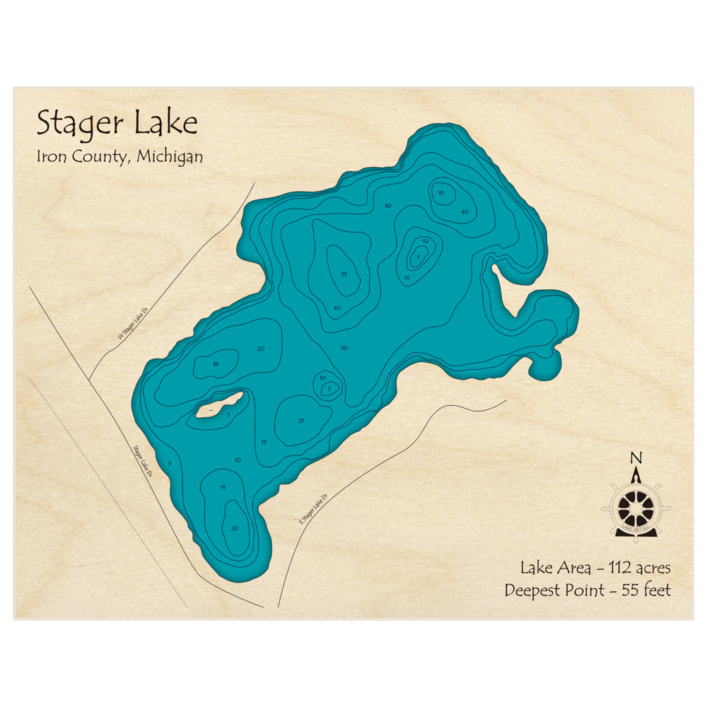 Bathymetric topo map of Stager Lake with roads, towns and depths noted in blue water