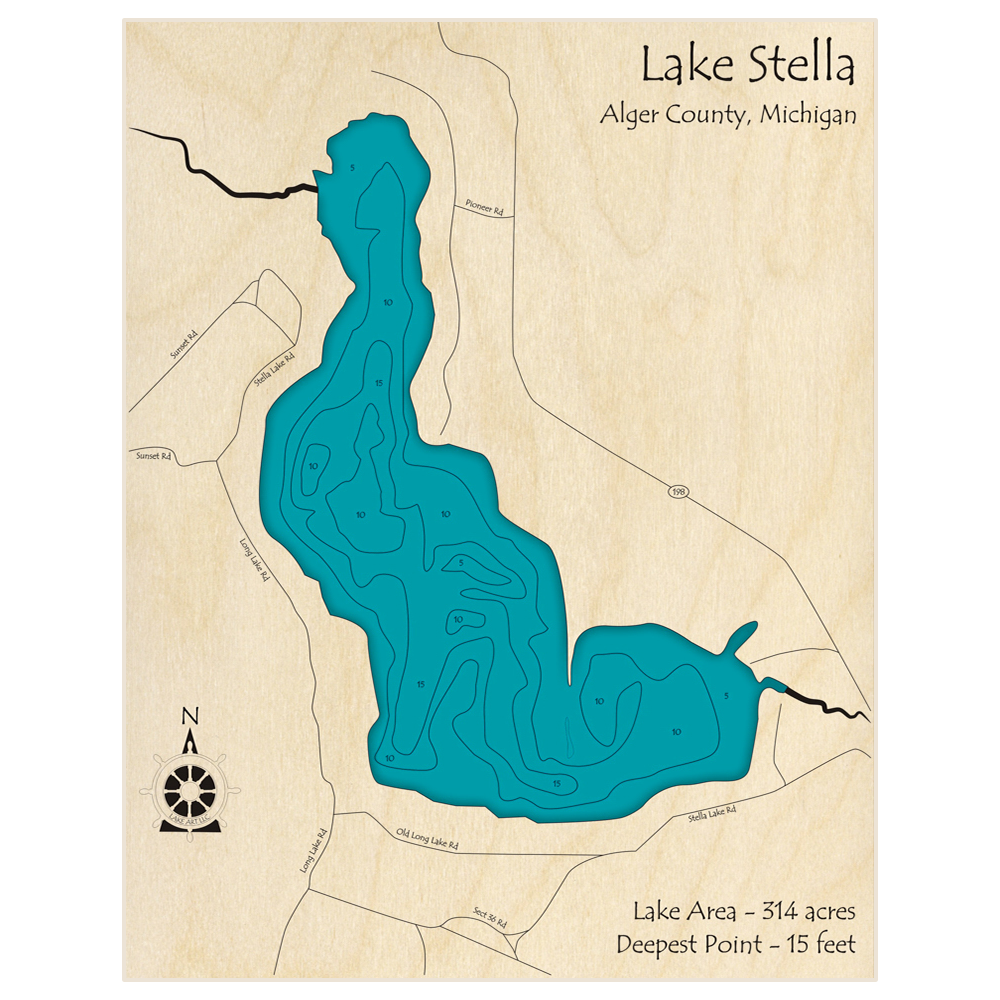 Bathymetric topo map of Lake Stella with roads, towns and depths noted in blue water