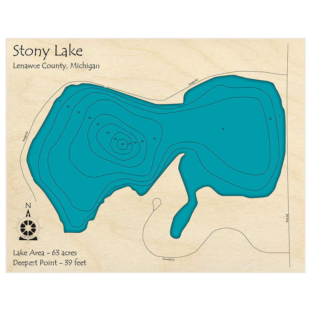 Bathymetric topo map of Stony Lake with roads, towns and depths noted in blue water