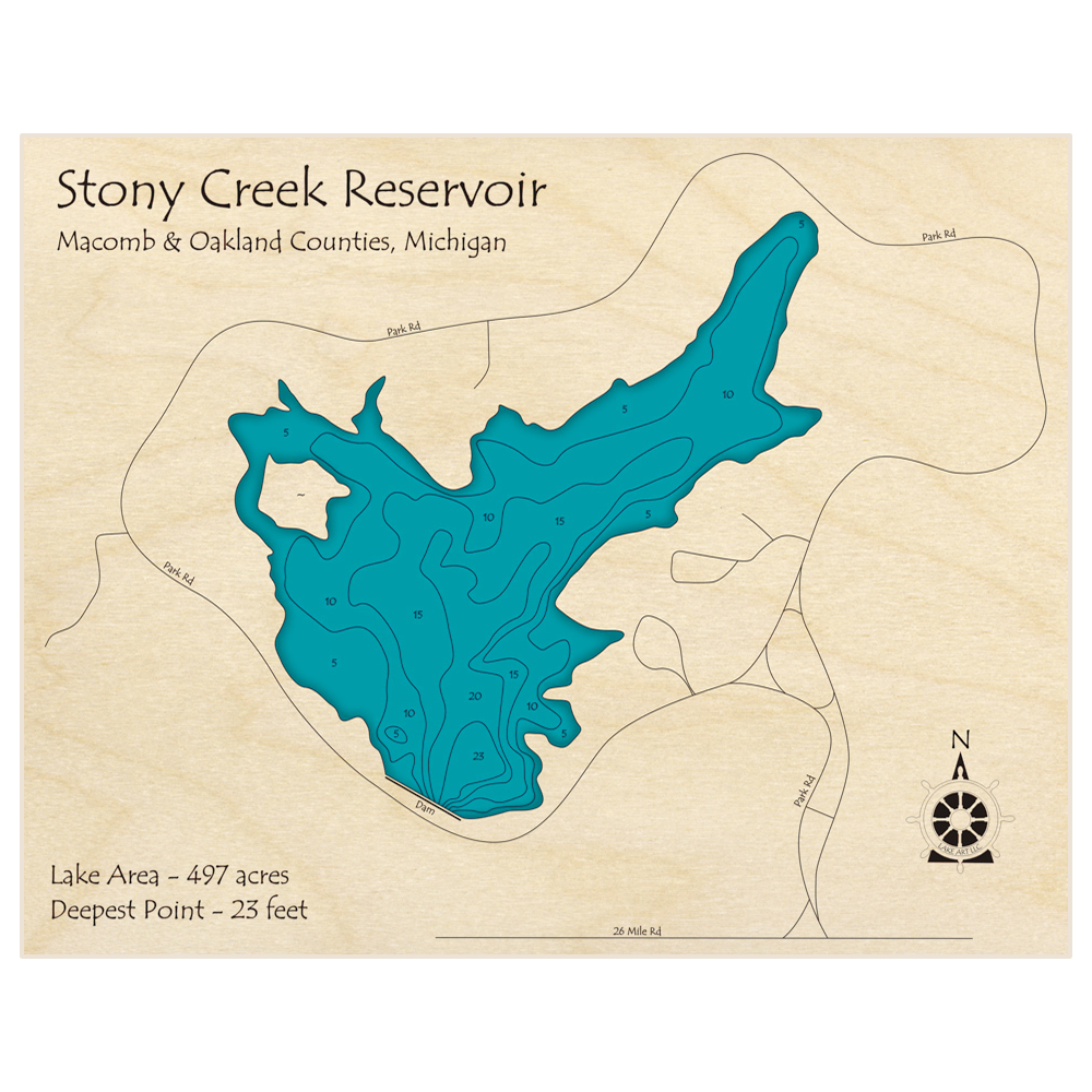 Bathymetric topo map of Stony Creek Reservoir with roads, towns and depths noted in blue water