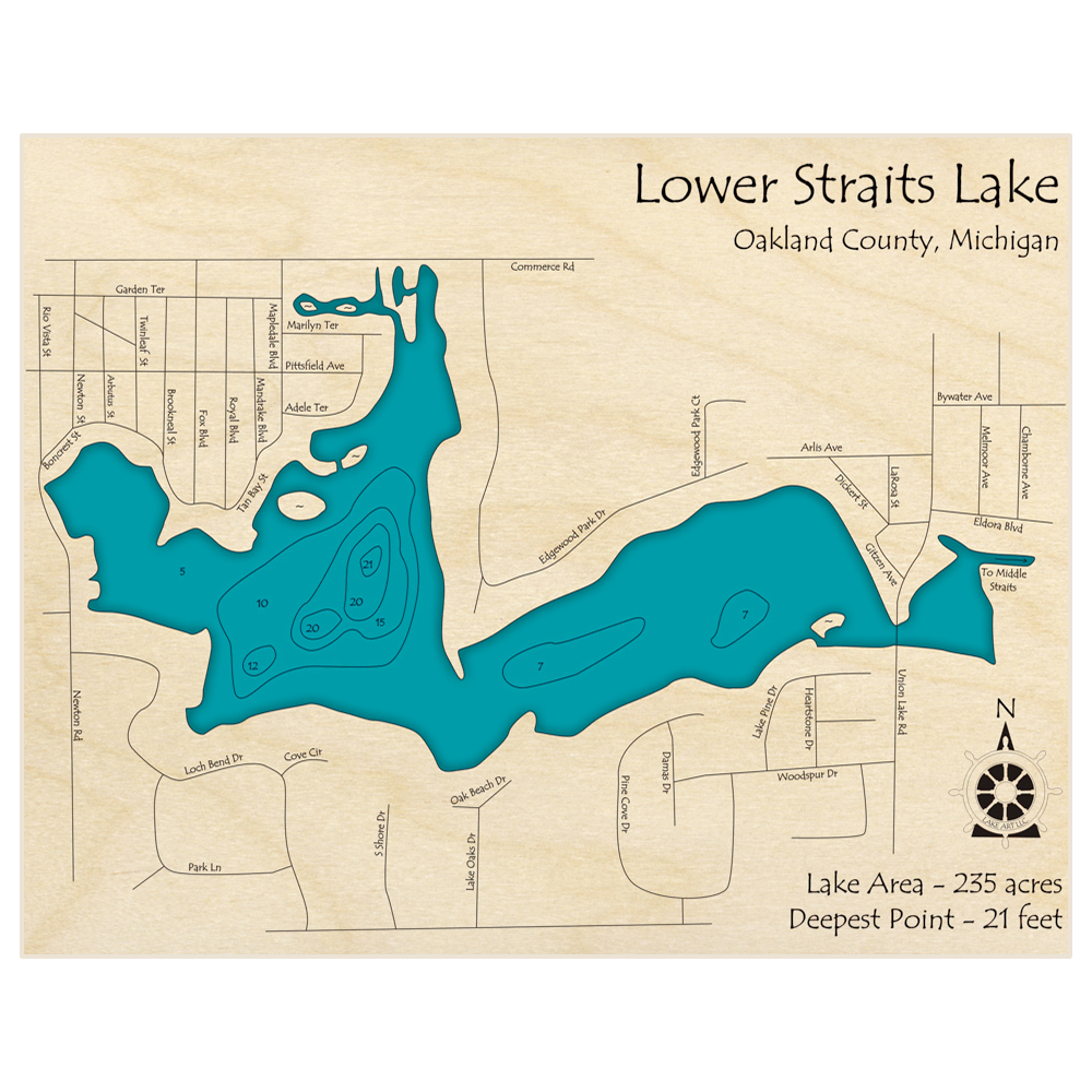 Bathymetric topo map of Straits Lake (Lower) with roads, towns and depths noted in blue water