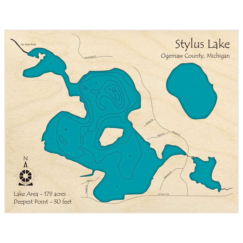 Bathymetric topo map of Stylus Lake with roads, towns and depths noted in blue water