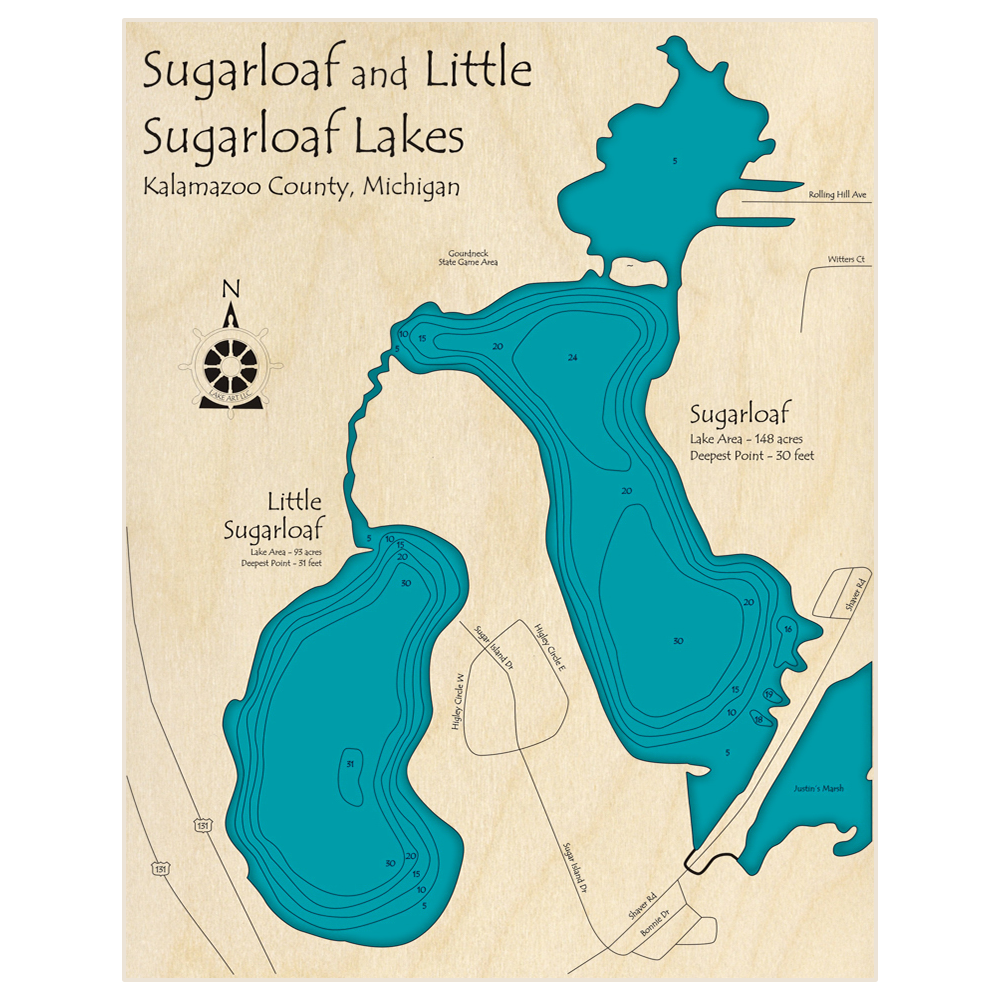 Bathymetric topo map of Sugarloaf Lake (With Little Sugarloaf Lake) with roads, towns and depths noted in blue water