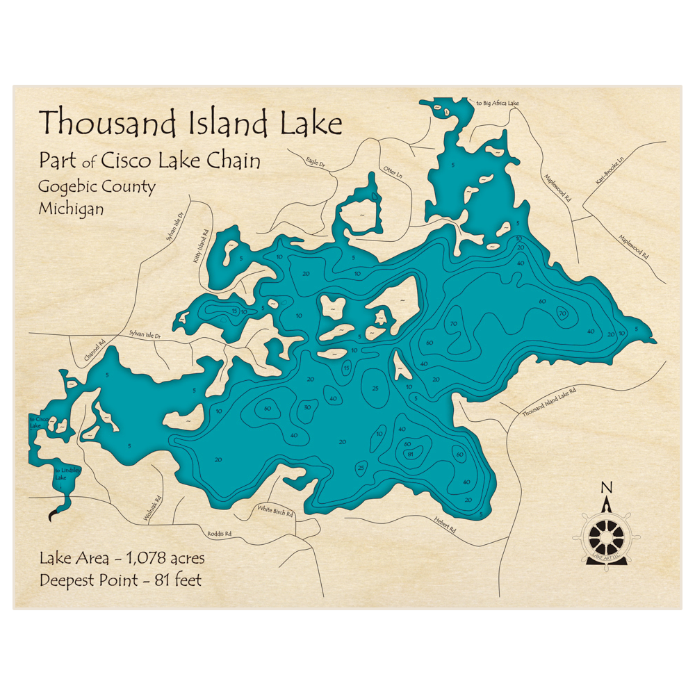 Bathymetric topo map of Thousand Island Lake with roads, towns and depths noted in blue water