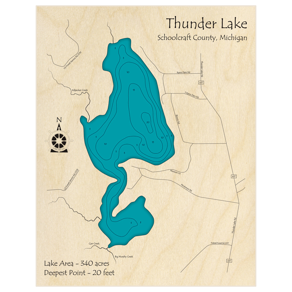 Bathymetric topo map of Thunder Lake with roads, towns and depths noted in blue water