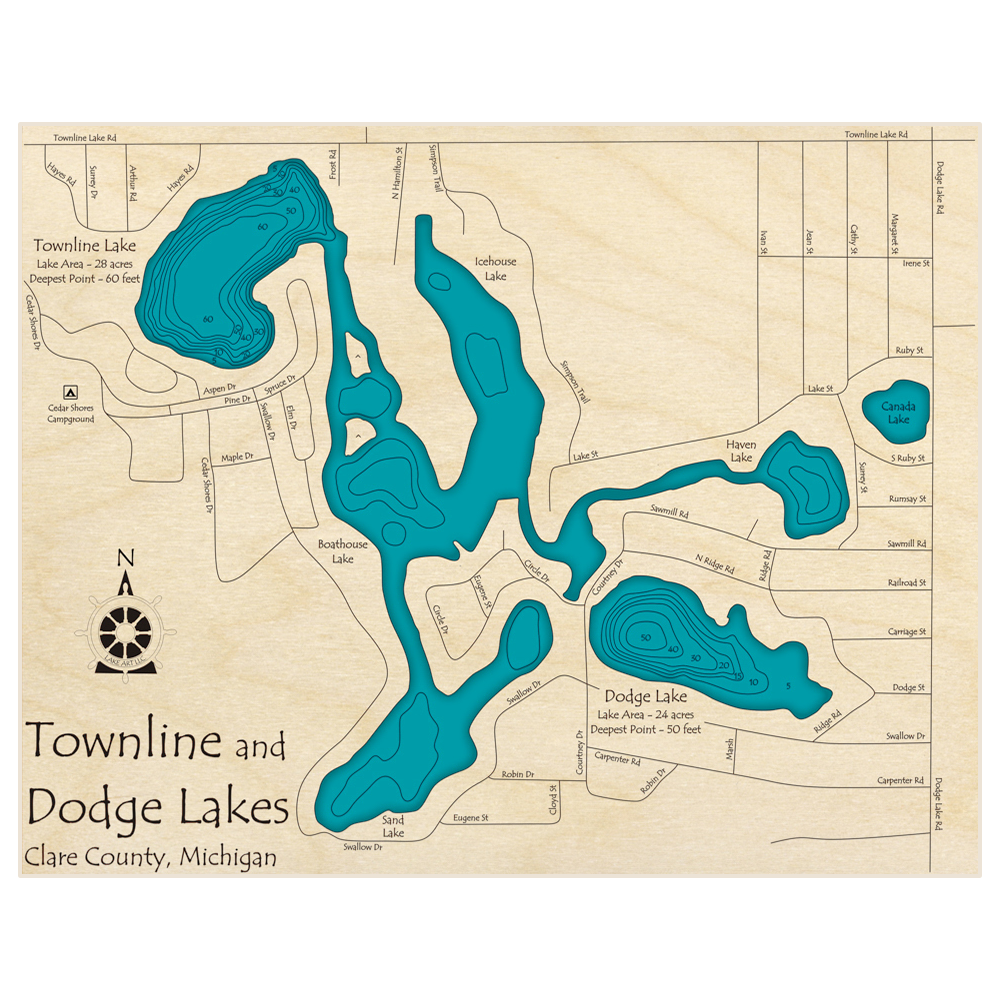 Bathymetric topo map of Townline Lake (With Dodge Lake) with roads, towns and depths noted in blue water