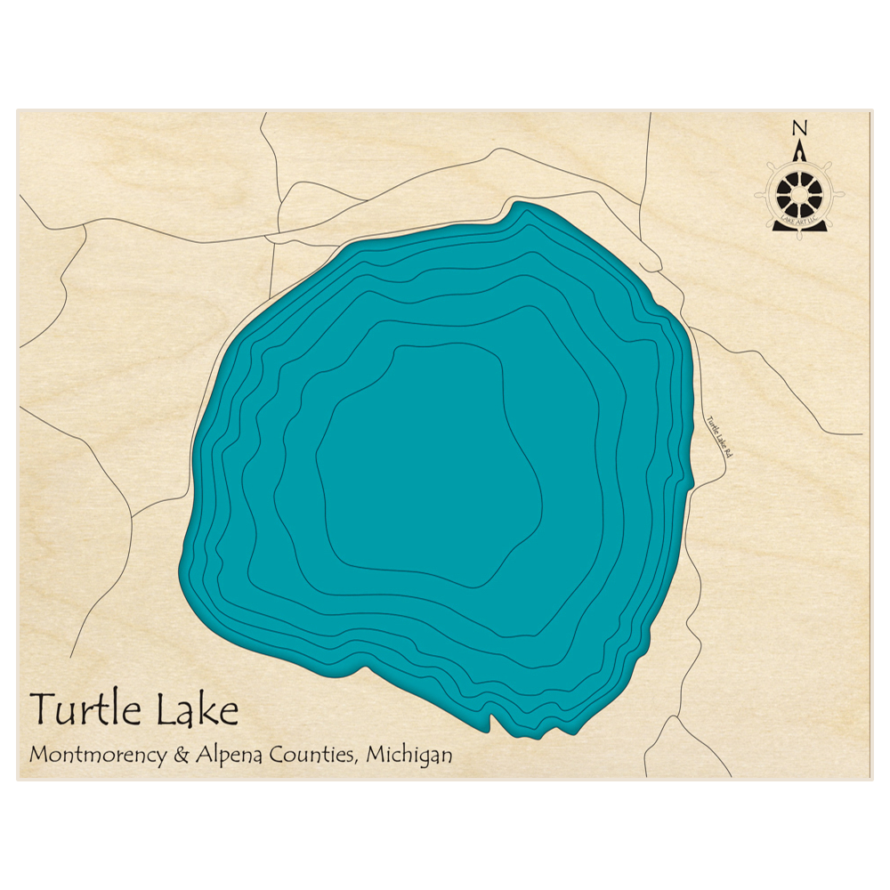 Bathymetric topo map of Turtle Lake  with roads, towns and depths noted in blue water