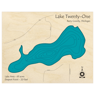Bathymetric topo map of Twenty One with roads, towns and depths noted in blue water