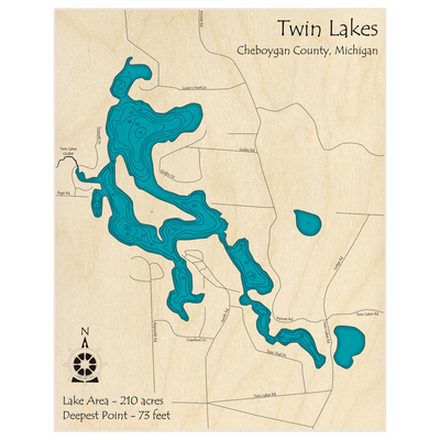 Bathymetric topo map of Twin Lakes with roads, towns and depths noted in blue water