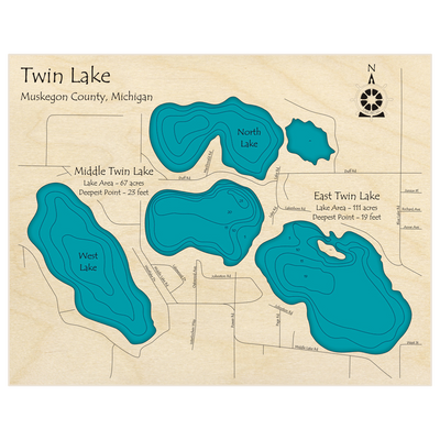 Bathymetric topo map of Twin Lakes (North West East Middle) with roads, towns and depths noted in blue water