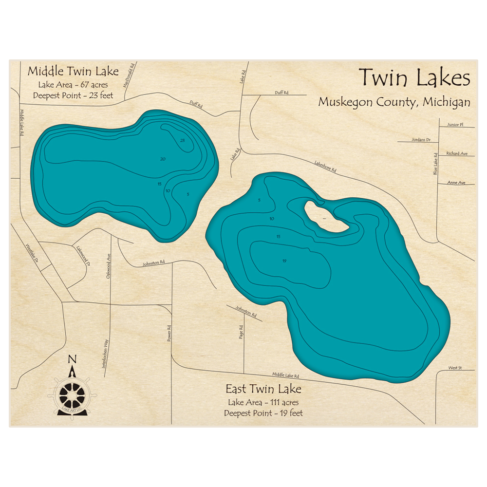 Bathymetric topo map of East Twin Lake (With Middle Twin Lake) with roads, towns and depths noted in blue water