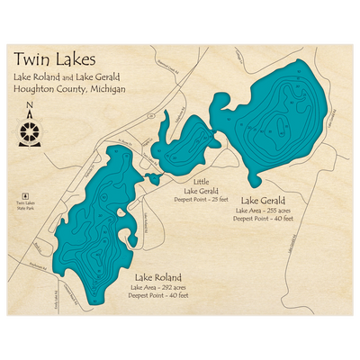 Bathymetric topo map of Twin Lakes (Lake Roland and Lake Gerald) with roads, towns and depths noted in blue water