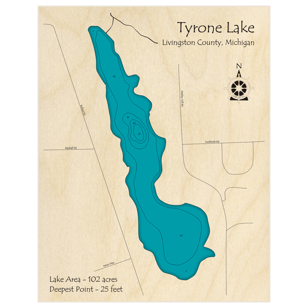 Bathymetric topo map of Lake Tyrone with roads, towns and depths noted in blue water