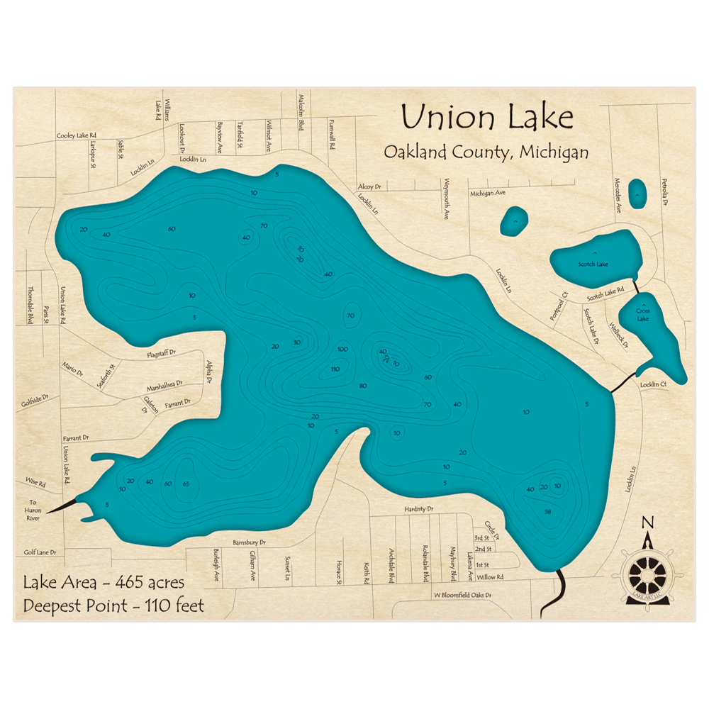 Bathymetric topo map of Union Lake with roads, towns and depths noted in blue water