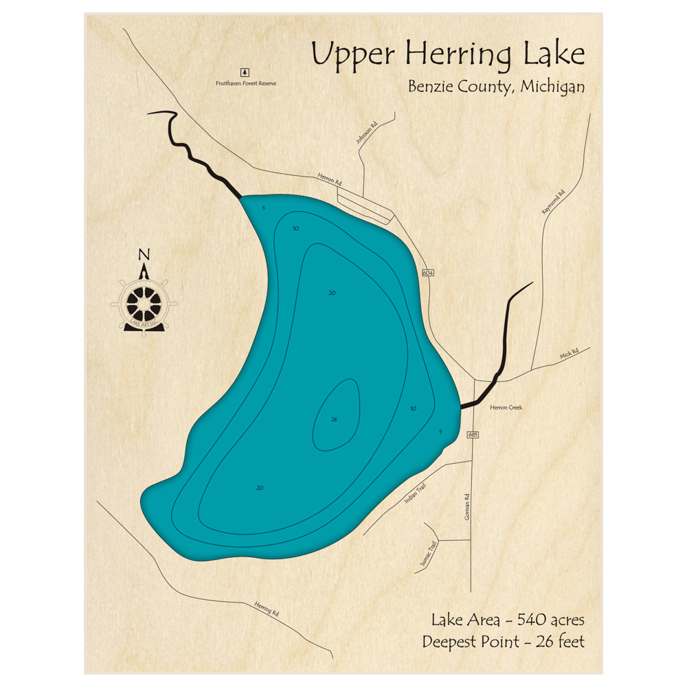 Bathymetric topo map of Upper Herring Lake with roads, towns and depths noted in blue water