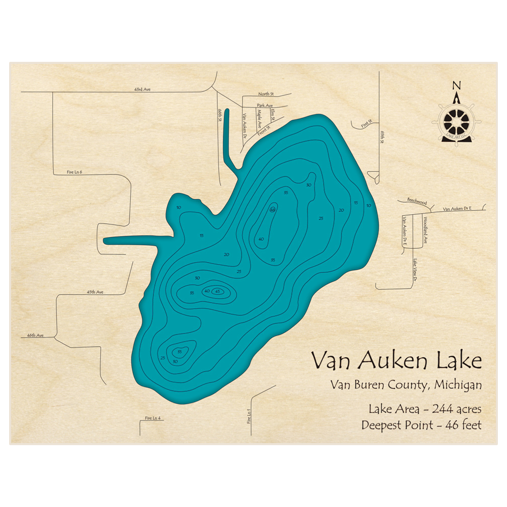 Bathymetric topo map of Van Auken Lake with roads, towns and depths noted in blue water