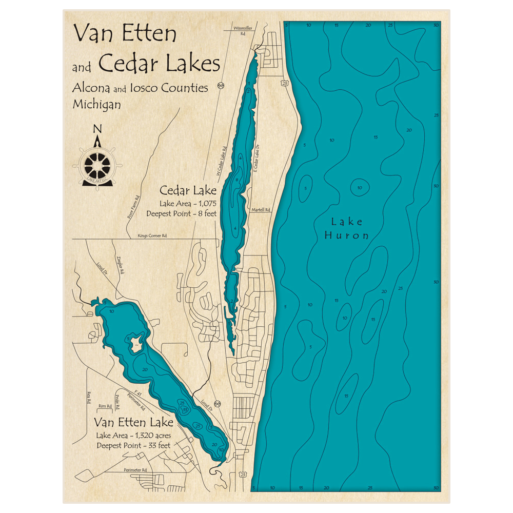Bathymetric topo map of Van Etten and Cedar Lakes with roads, towns and depths noted in blue water