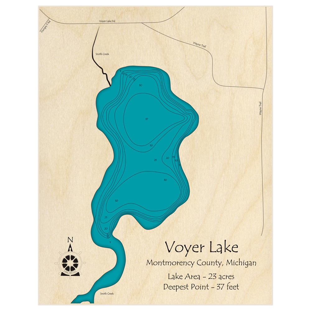 Bathymetric topo map of Voyer Lake with roads, towns and depths noted in blue water