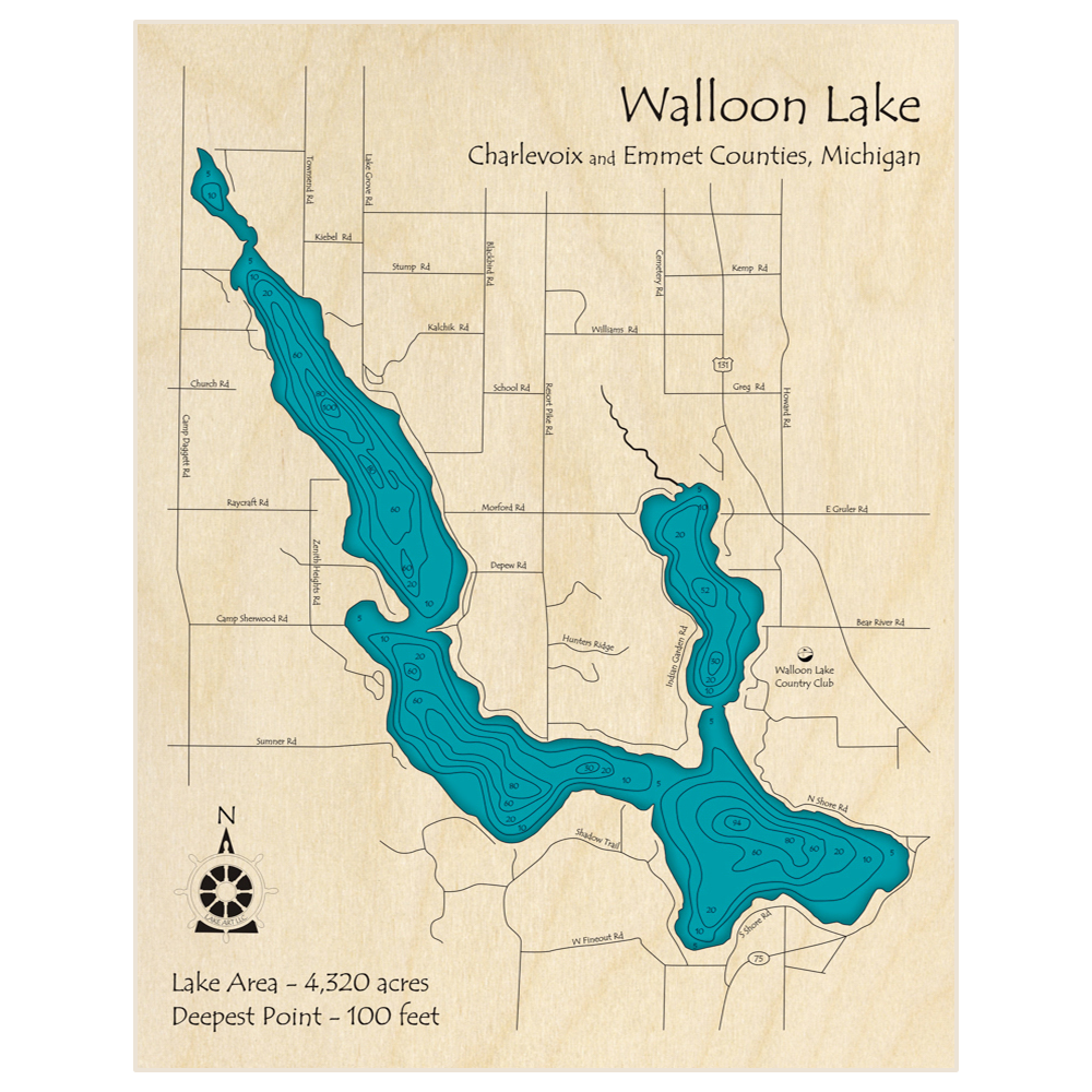 Bathymetric topo map of Walloon Lake with roads, towns and depths noted in blue water