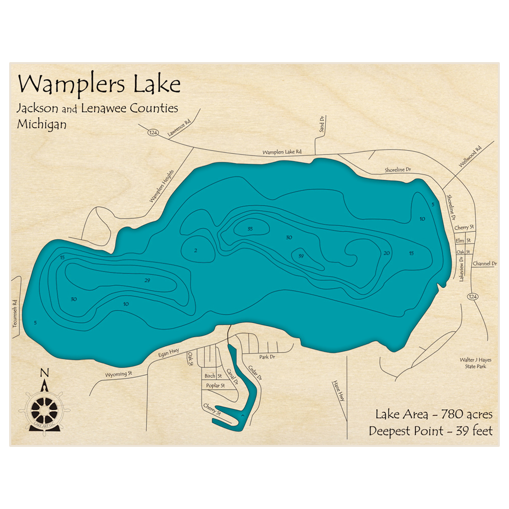 Bathymetric topo map of Wamplers Lake with roads, towns and depths noted in blue water