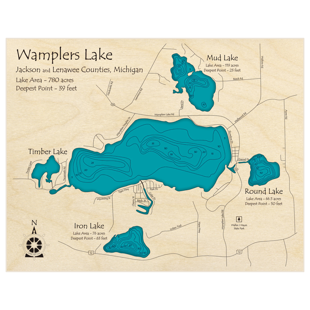Bathymetric topo map of Wamplers Lake with Mud Timber Round and Iron Lakes with roads, towns and depths noted in blue water