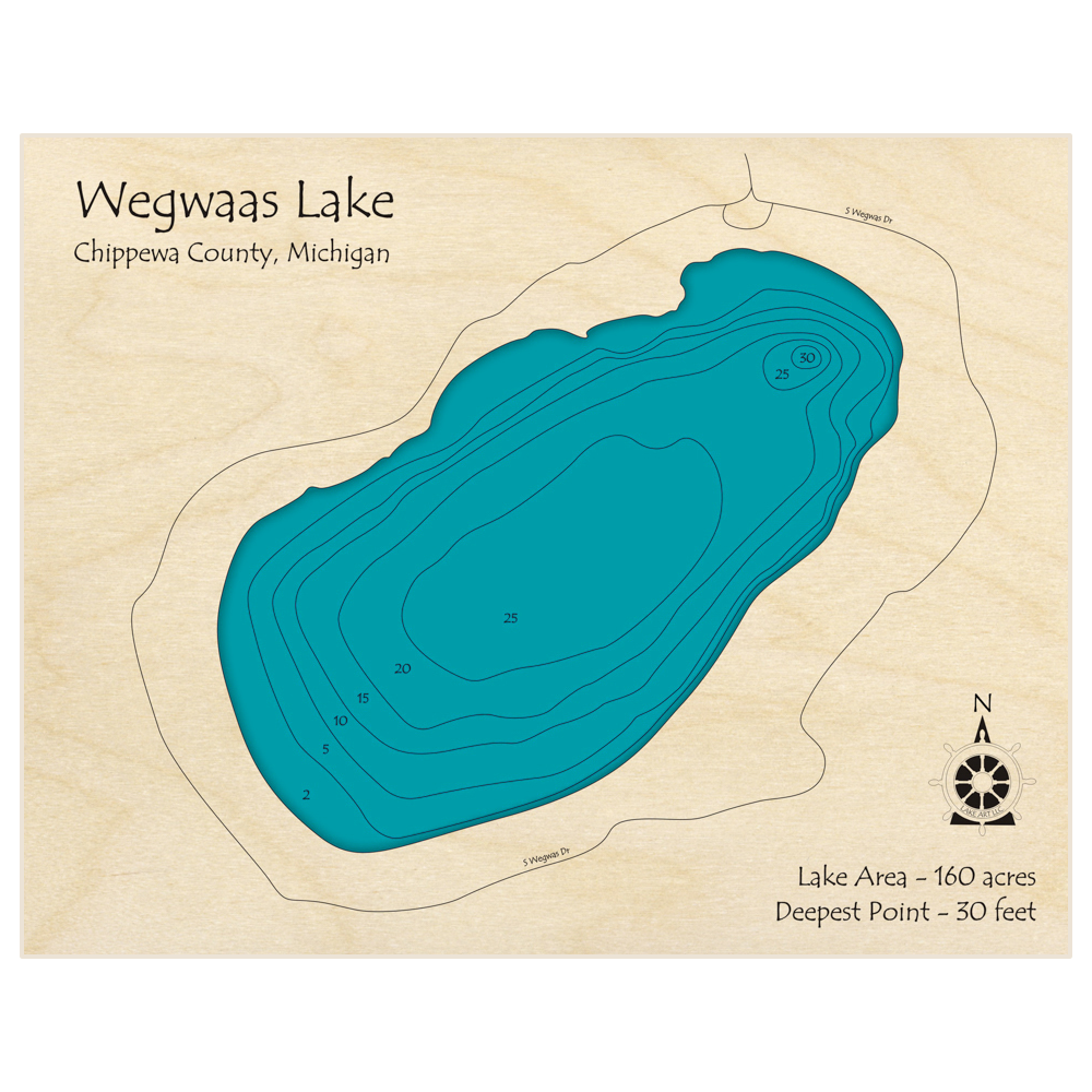 Bathymetric topo map of Wegwaas Lake with roads, towns and depths noted in blue water