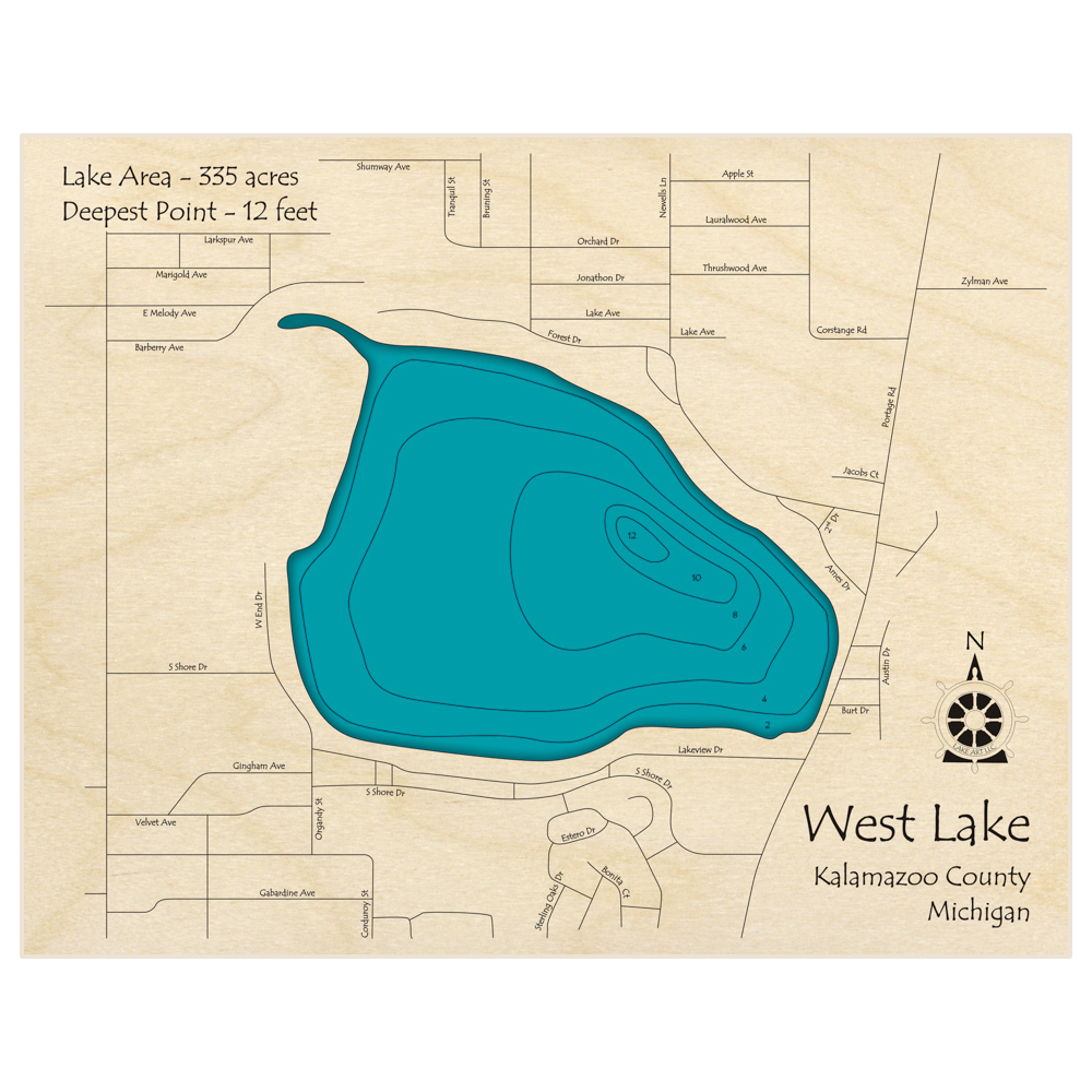 Bathymetric topo map of West Lake with roads, towns and depths noted in blue water
