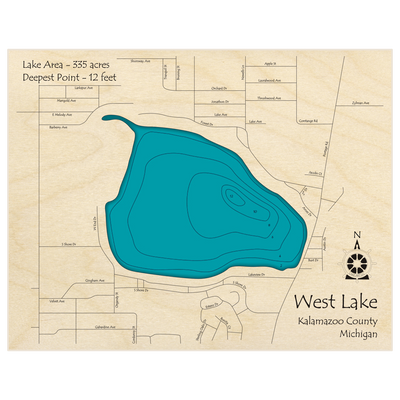 Bathymetric topo map of West Lake with roads, towns and depths noted in blue water