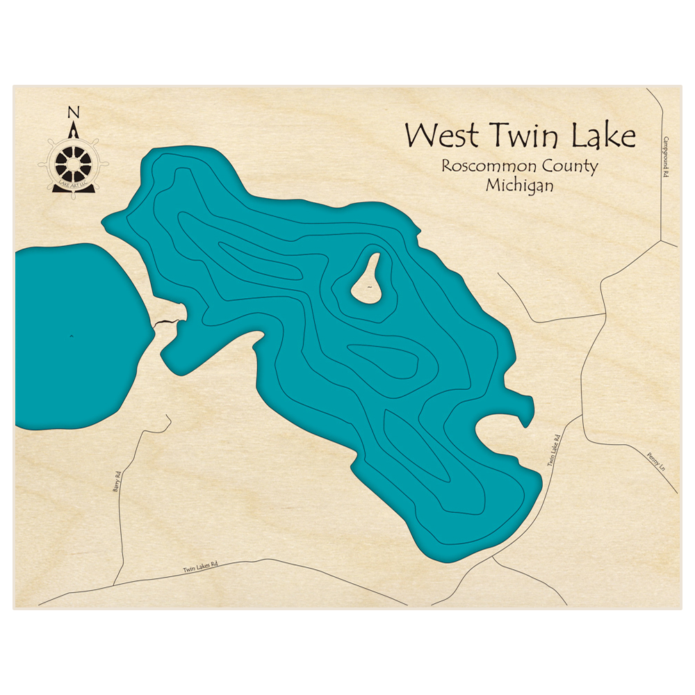 Bathymetric topo map of West Twin Lake with roads, towns and depths noted in blue water