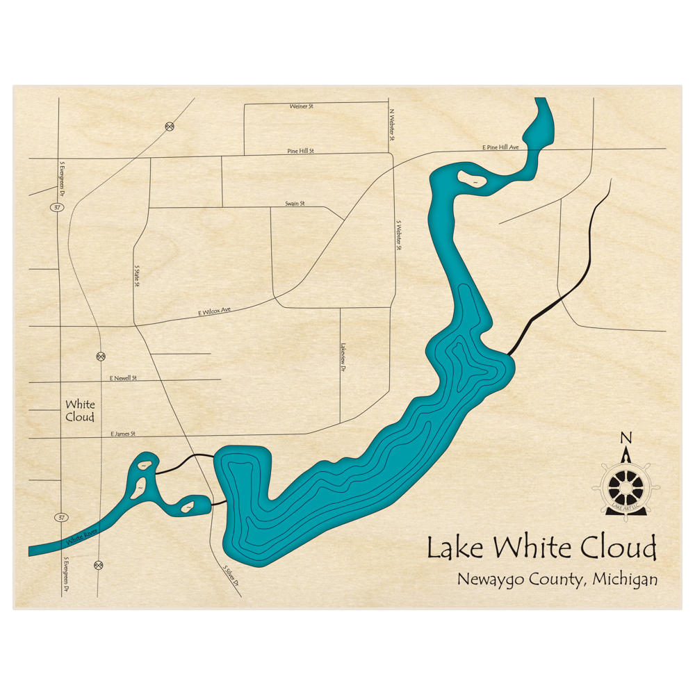 Bathymetric topo map of Lake White Cloud  with roads, towns and depths noted in blue water