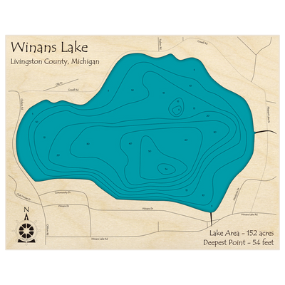 Bathymetric topo map of Winans Lake with roads, towns and depths noted in blue water