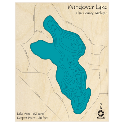 Bathymetric topo map of Windover Lake with roads, towns and depths noted in blue water
