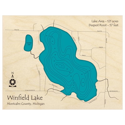 Bathymetric topo map of Winfield Lake with roads, towns and depths noted in blue water