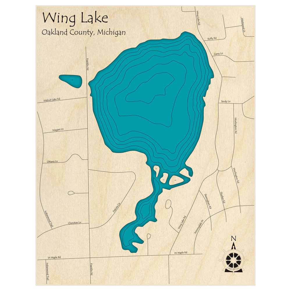Bathymetric topo map of Wing Lake  with roads, towns and depths noted in blue water