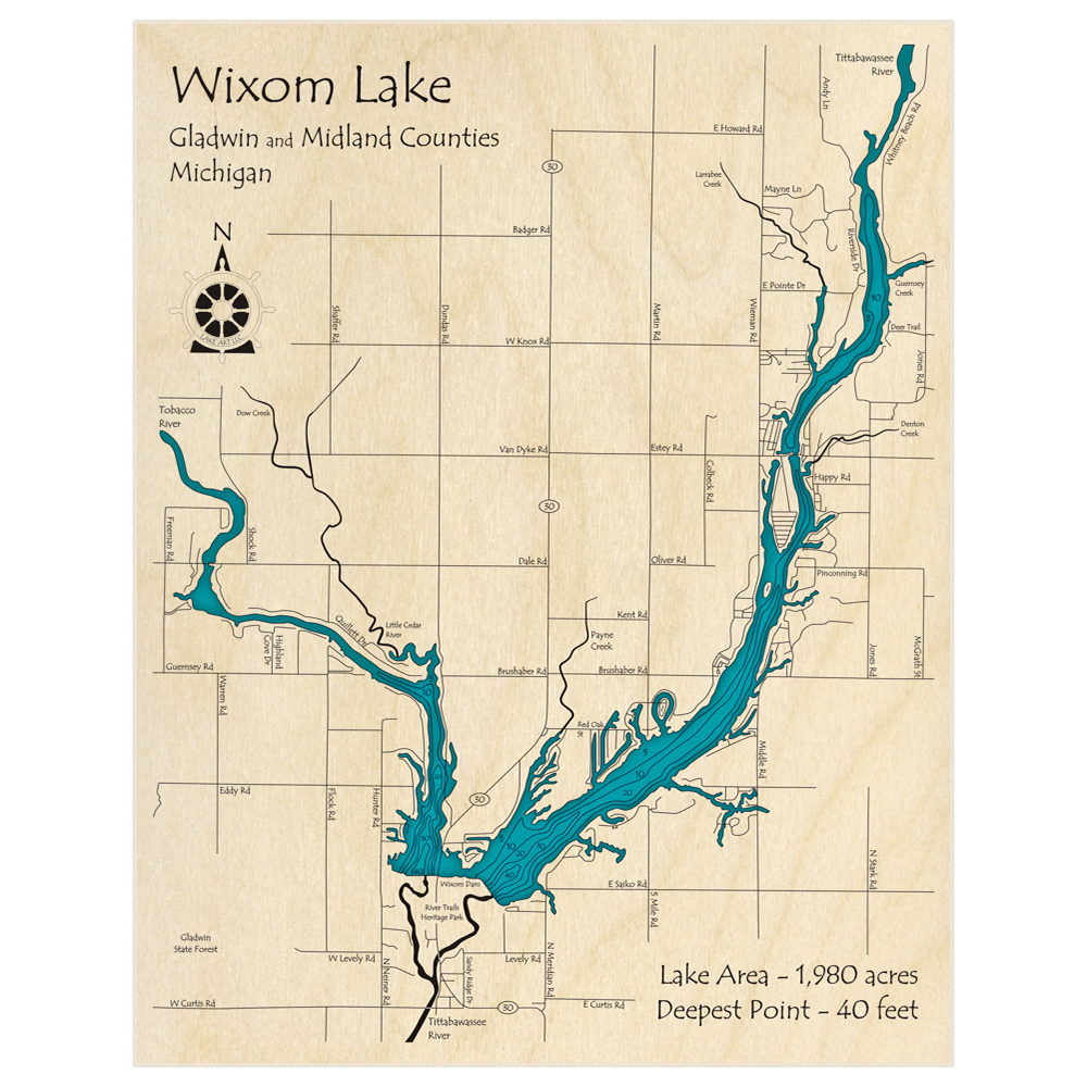Bathymetric topo map of Wixom Lake with roads, towns and depths noted in blue water