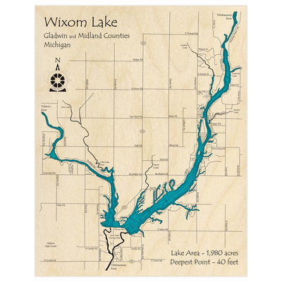 Bathymetric topo map of Wixom Lake with roads, towns and depths noted in blue water