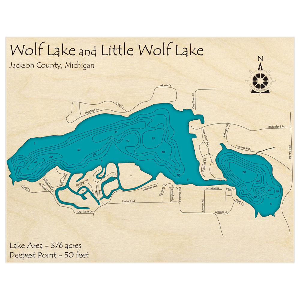 Bathymetric topo map of Wolf Lake (With Little Wolf Lake) with roads, towns and depths noted in blue water