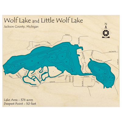 Bathymetric topo map of Wolf Lake (With Little Wolf Lake) with roads, towns and depths noted in blue water