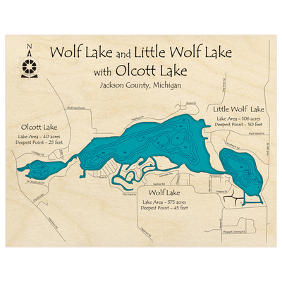 Bathymetric topo map of Wolf Lake (With Little Wolf Lake and Olcott Lakes) with roads, towns and depths noted in blue water
