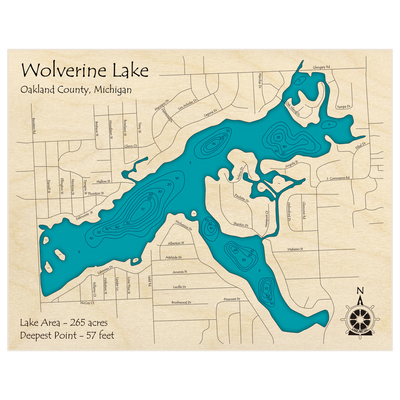 Bathymetric topo map of Wolverine Lake with roads, towns and depths noted in blue water