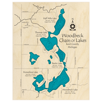 Bathymetric topo map of Woodbeck Chain of Lakes with roads, towns and depths noted in blue water