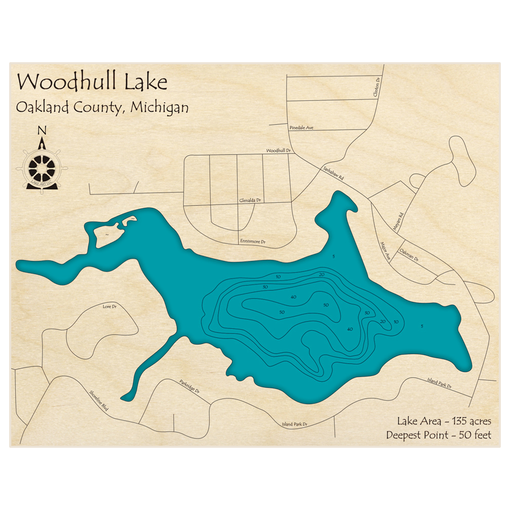Bathymetric topo map of Woodhull Lake with roads, towns and depths noted in blue water