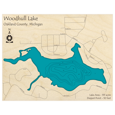 Bathymetric topo map of Woodhull Lake with roads, towns and depths noted in blue water